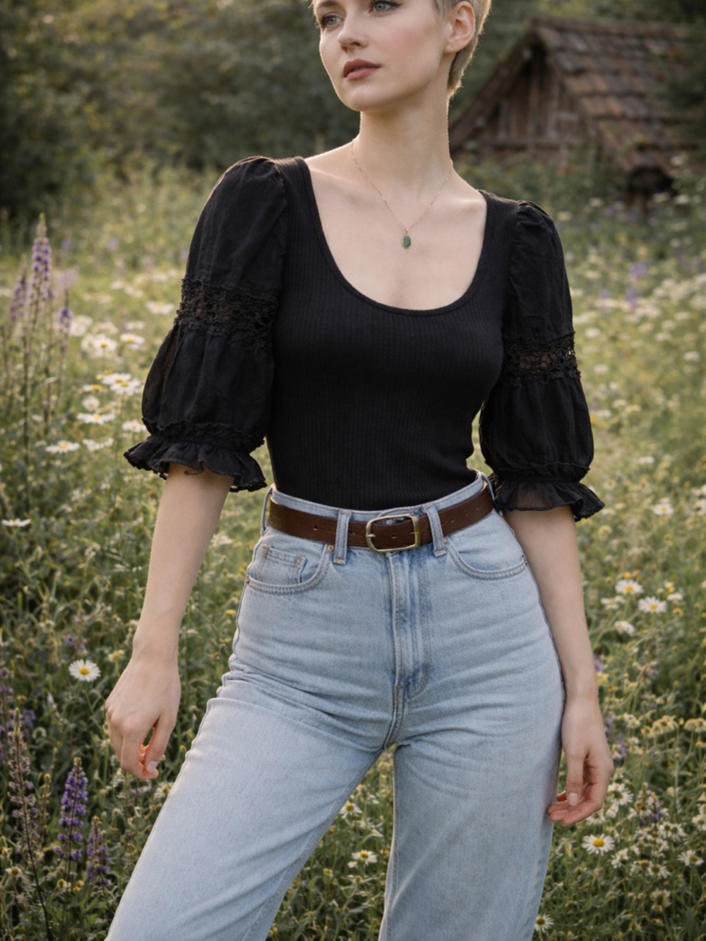 Free People Black Ribbed Puff Sleeve Crochet Detail Top XS Boho‎ Cottagecore